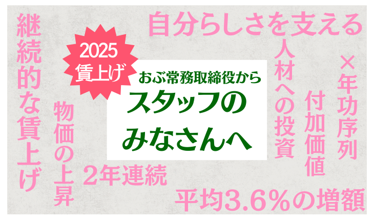 イメージ：おぶ常務取締役からスタッフの皆さんへ（2025年4月賃上げ）